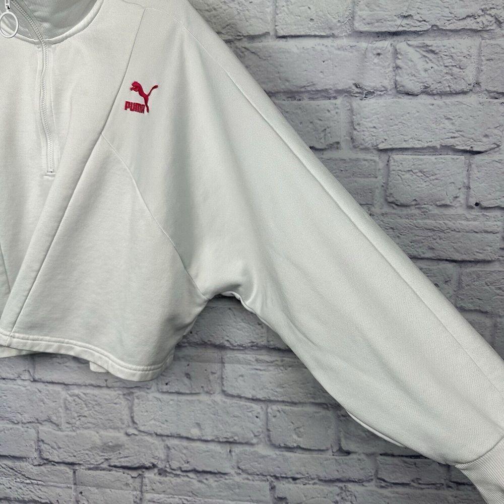 Puma‎ Sport Sweatshirt Womens XL White Cropped Spellout Stand Collar 1/4 Zip Y2K - Picture 4 of 12